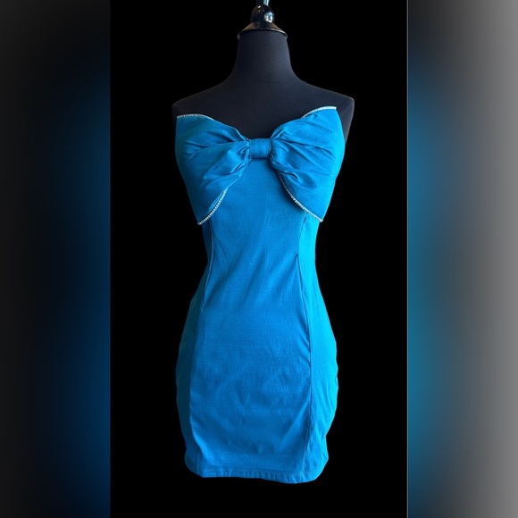 Blue Strapless Satin Cocktail Mini Dress NWT - Picture 4 of 10